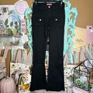Deb Dark Black Denim Flared Leg Low Rise Jeans Junior’s Size 1 Y2K 90s 6-Pocket